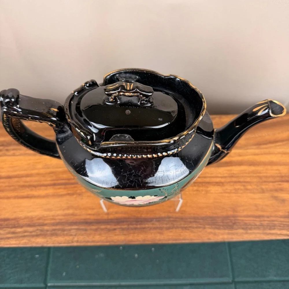 Jackfield Pottery Victorian Teapot Black Teal Floral Gilt Antique Staffordshire